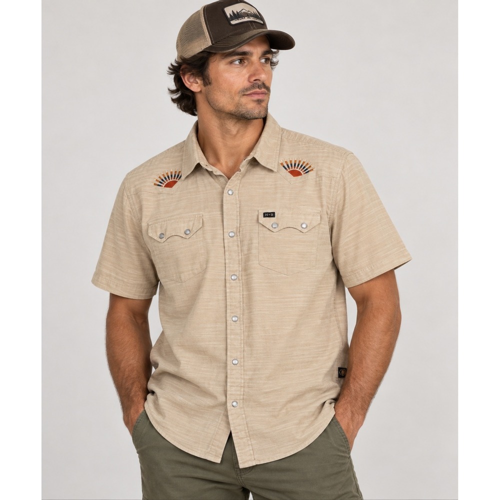 Howler Brothers Gaucho Snapshirt Tan Embroidered Western Pearl Snap Mens Large